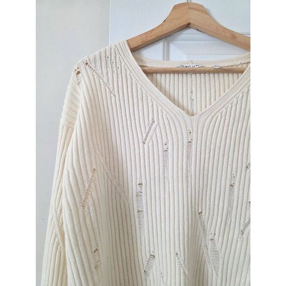 HELMUT LANG V-Neck Drop-Needle Wool Sweater Cream Distressed L - Picture 3 of 10